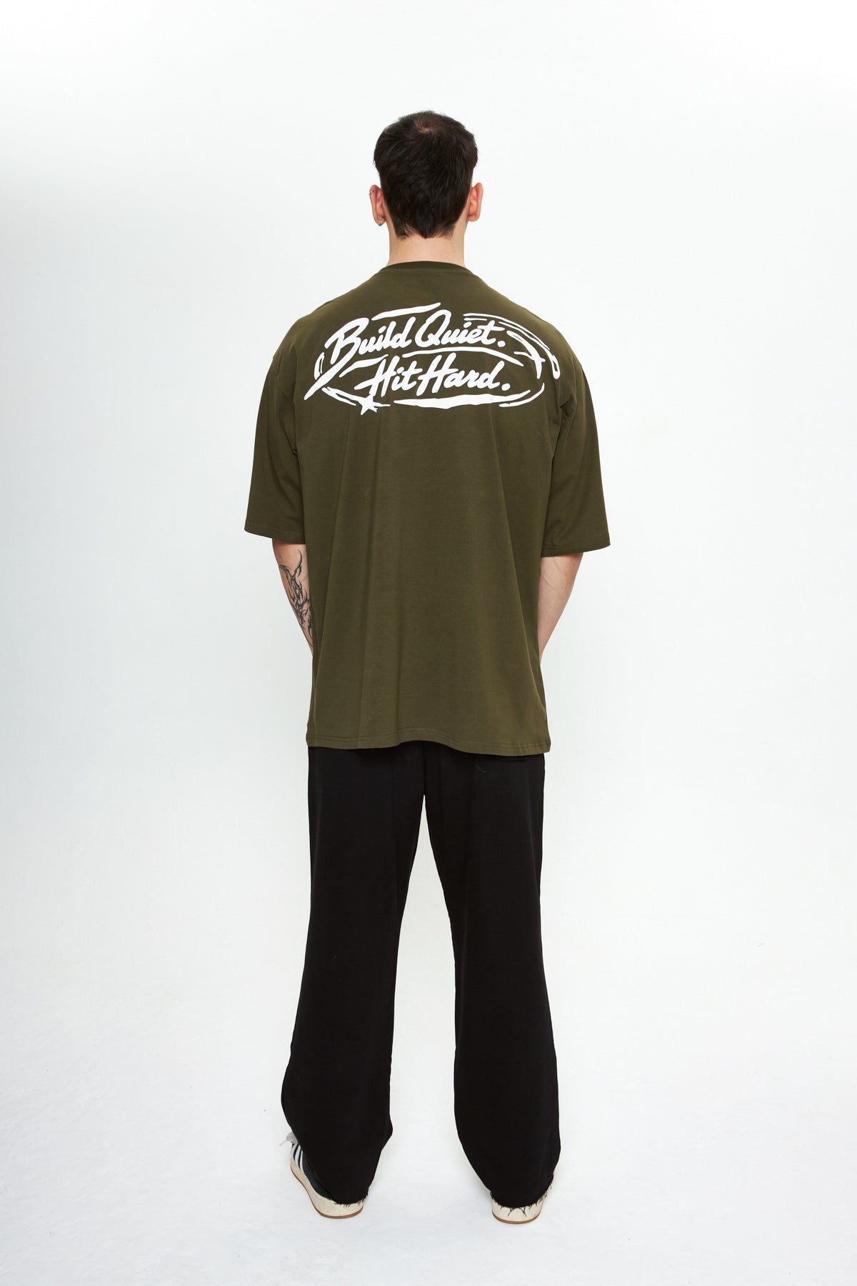 Build Quiet Hit Hard Printed Oversize Haki T-Shirt