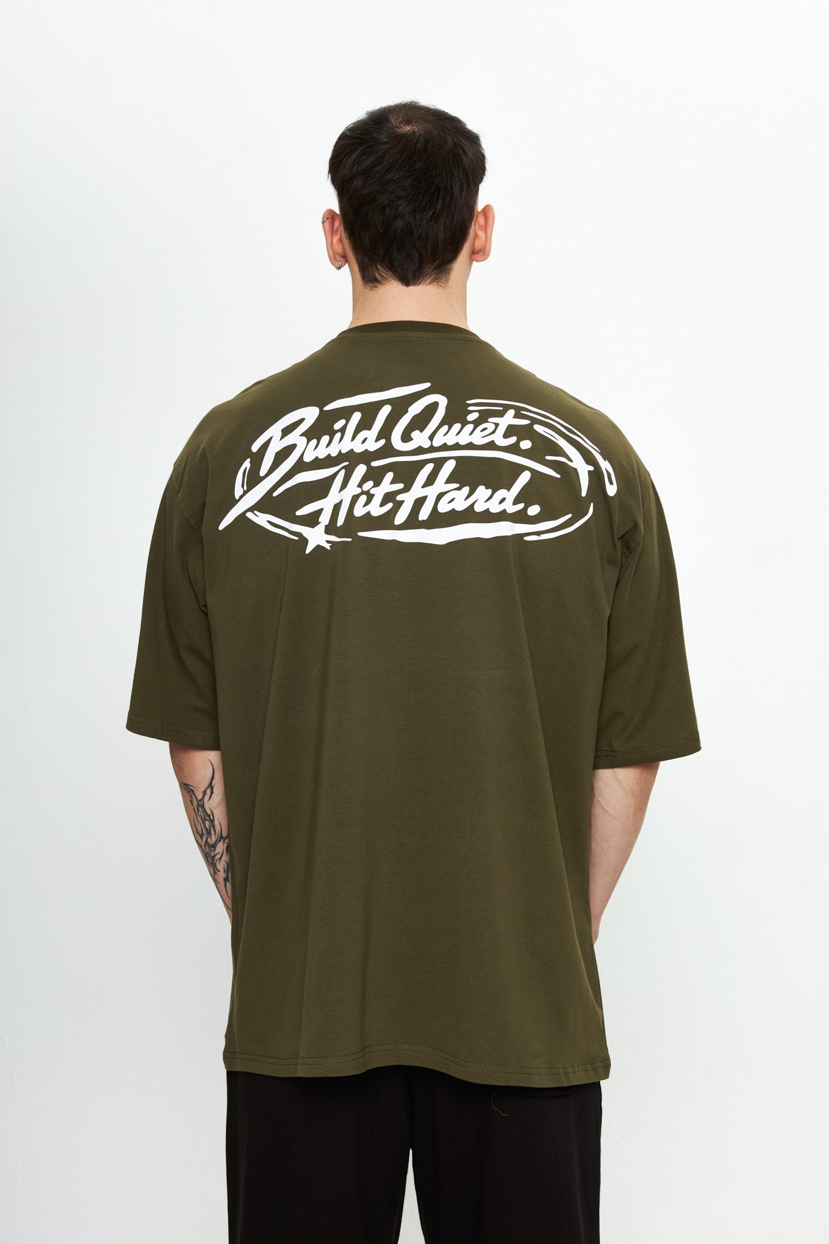 Build Quiet Hit Hard Printed Oversize Haki T-Shirt